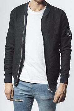 Empire denim bomber jacket with embroidery unzipped